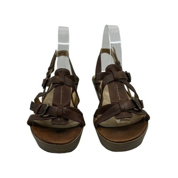 Stuart Weitzman 9.5 M Strappy Leather Platform Wedge Sandals Heels Brown Buckle - Picture 4 of 12